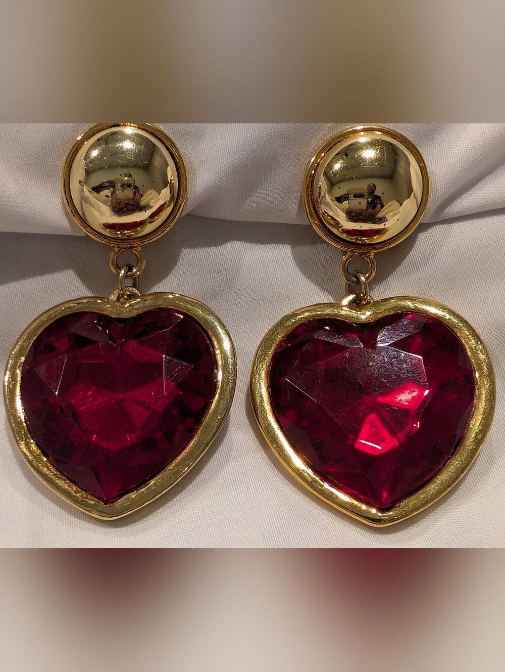 Escada Gold-Tone Heart Drop Earrings with Deep Red Stones